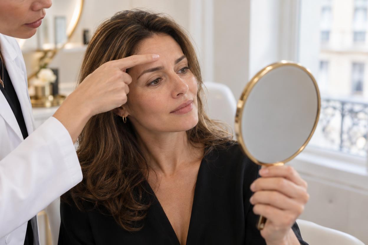 Illustration : Femme en consultation observant dans un miroir le pli entre ses sourcils, la main d'un médecin à ses côtés